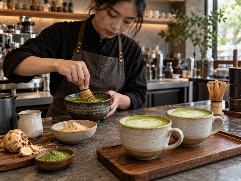 Café developer weighing powders for a maca matcha latte beside a finished sample
