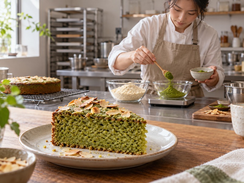 Bakery developer weighing matcha and almond flour for a matcha almond cake production trial