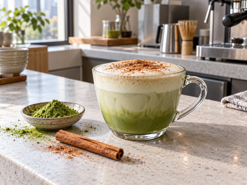 Matcha and cinnamon latte beside measured matcha powder in a cafe test kitchen