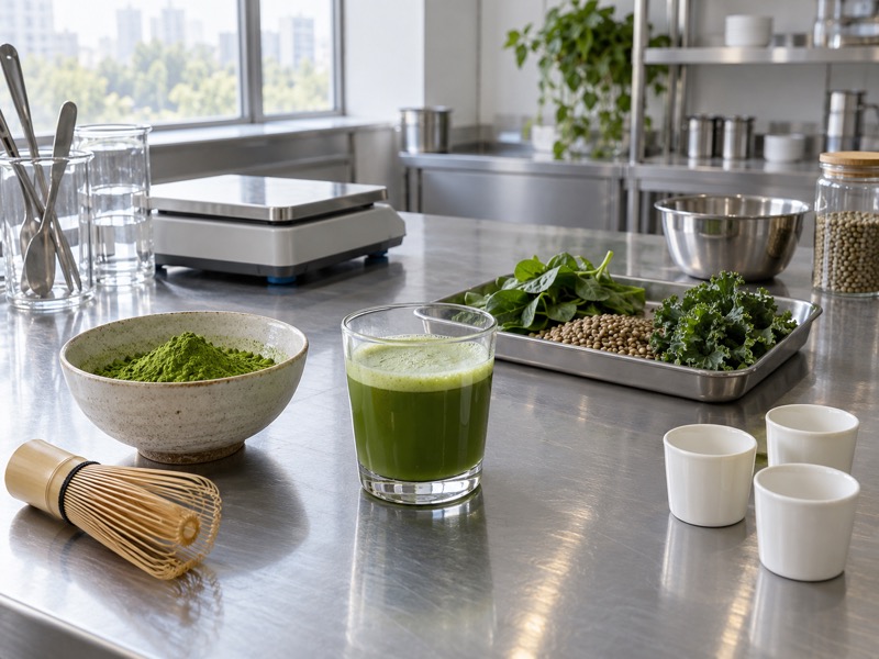 Matcha and meal-context samples in a beverage R&D kitchen