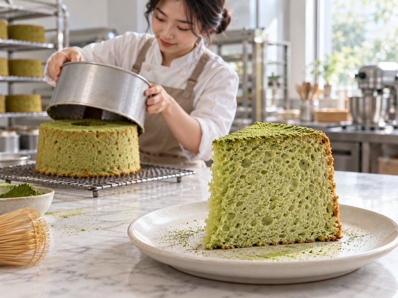 Baker checking the crumb of matcha angel food cake beside a tube pan