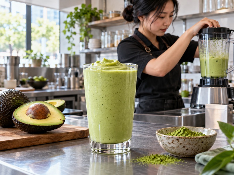 Barista measuring ingredients for a matcha avocado smoothie