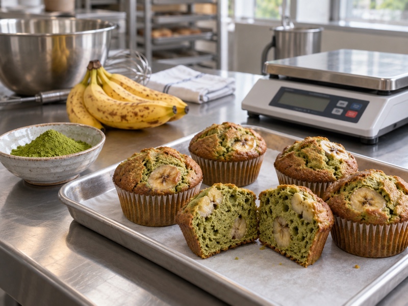 Freshly baked matcha banana muffins