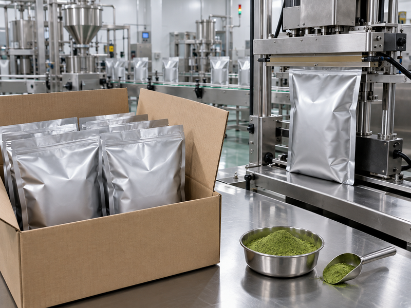 Matcha bulk packaging with sealed opaque pouches in a shipping carton beside a factory filling line