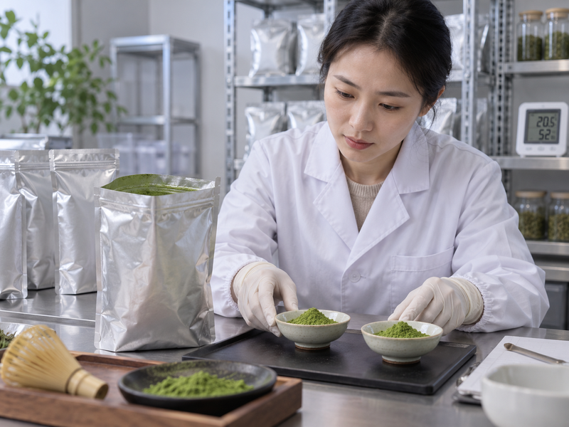 Matcha bulk shelf life evaluation with sealed pouches and powder samples checked in a quality room