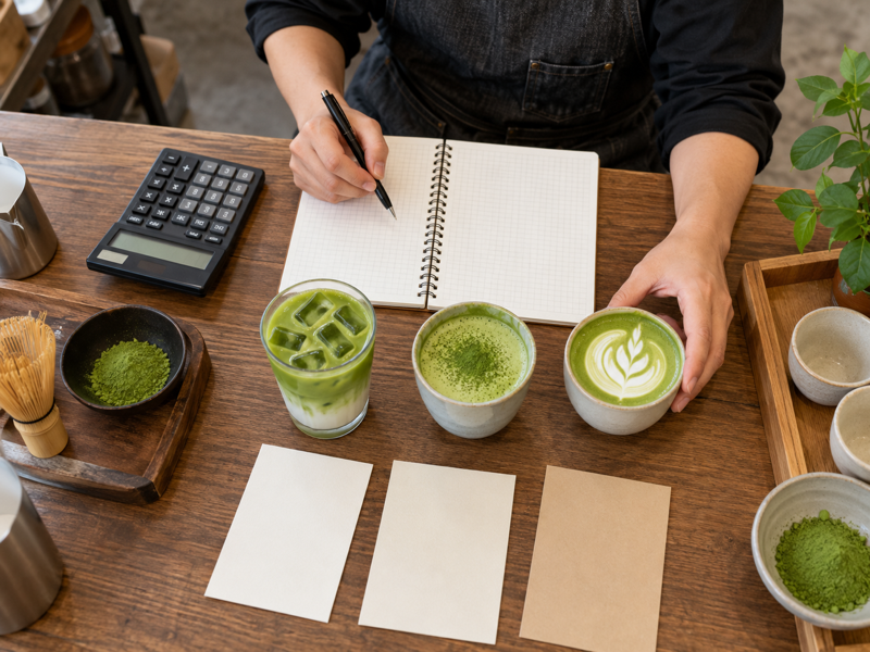 mainland China café planning desk with calculator and matcha samples