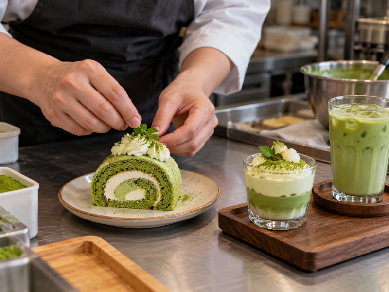matcha cafe desserts beside tea drinks in a mainland China café