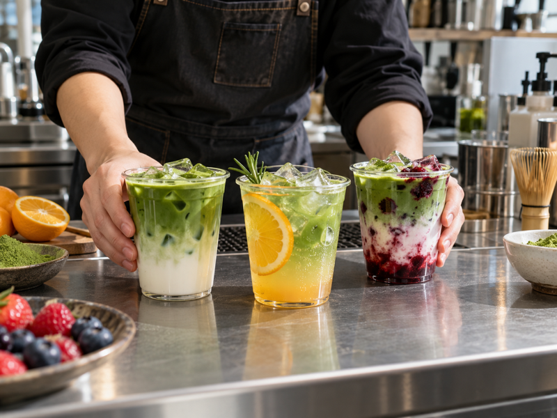 matcha cafe drink ideas tested as three drinks on a mainland China counter