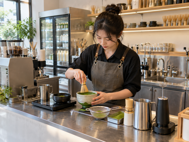 matcha cafe equipment arranged at a mainland China prep station