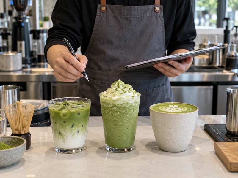 mainland China café operations manager reviewing matcha drinks