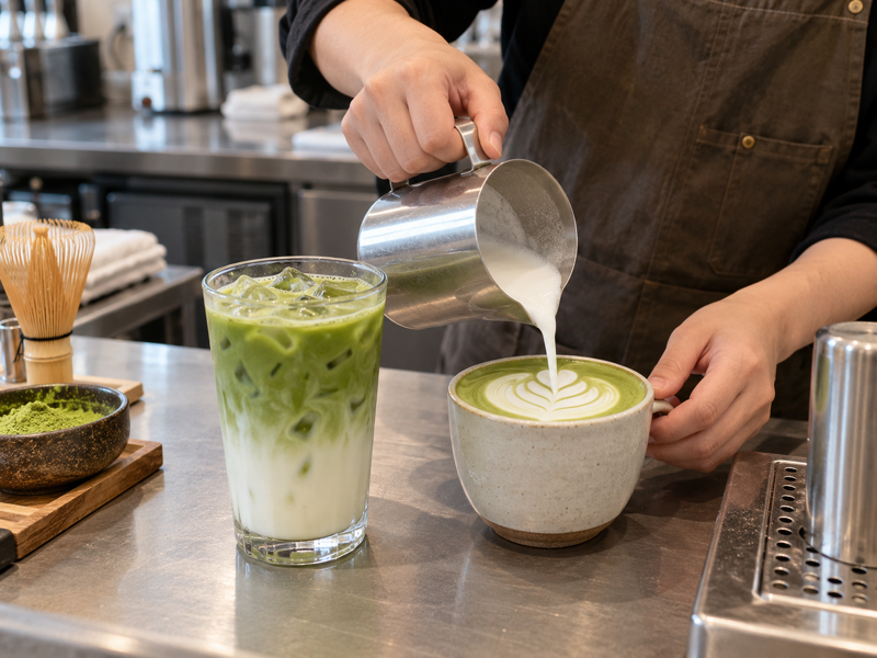 hot and iced matcha cafe lattes on a mainland China café counter
