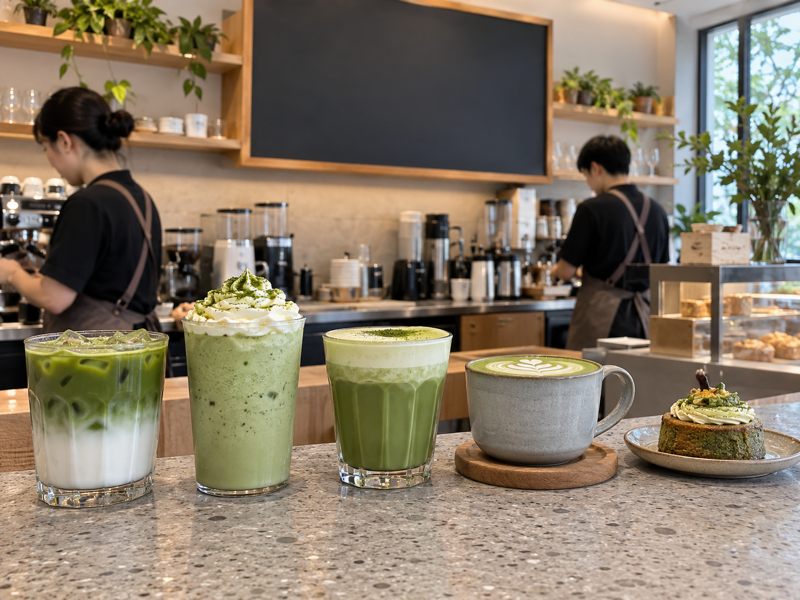 matcha cafe menu ideas shown as drink prototypes on a mainland China counter