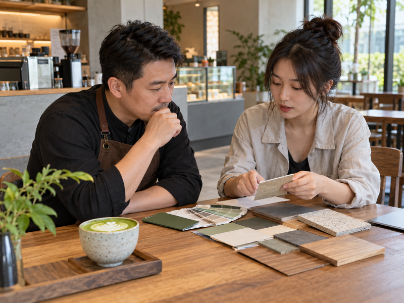 mainland China café owner reviews unmarked design swatches