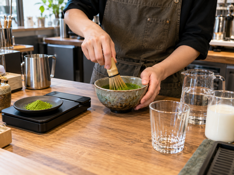 matcha cafe recipe measured by an adult Chinese barista