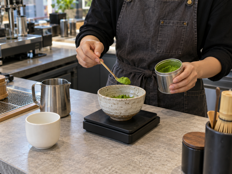 matcha cafe operator tests a fresh matcha drink in a mainland China café