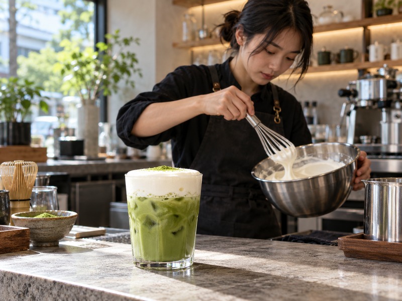 Café developer pouring matcha cheese foam onto an iced drink during a formulation trial