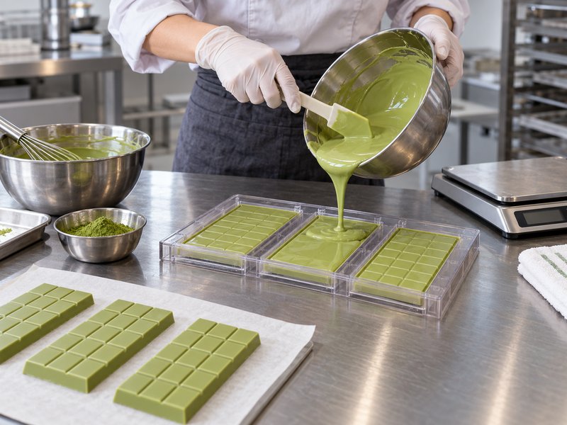 matcha chocolate bars commercial development sample in a mainland China pilot kitchen