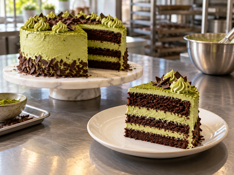 matcha chocolate cake commercial development sample in a mainland China pilot kitchen