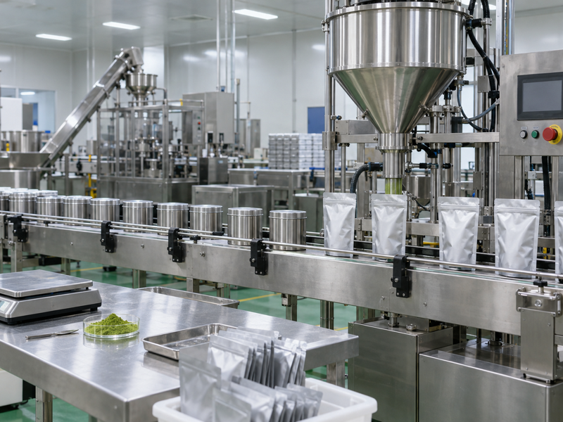 Matcha co packing line with foil pouches, metal tins and a retained matcha powder sample in a mainland China food workshop
