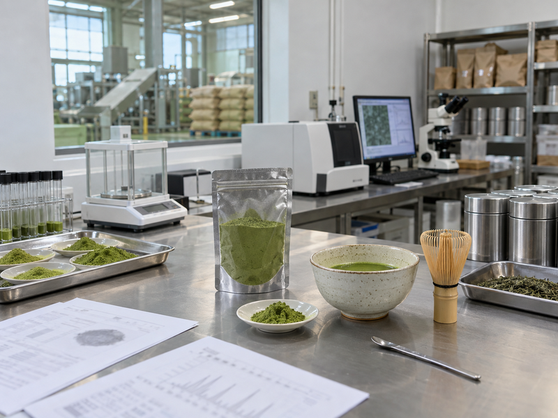 Food-testing bench with sealed matcha sample, blurred laboratory report sheets and analytical instruments