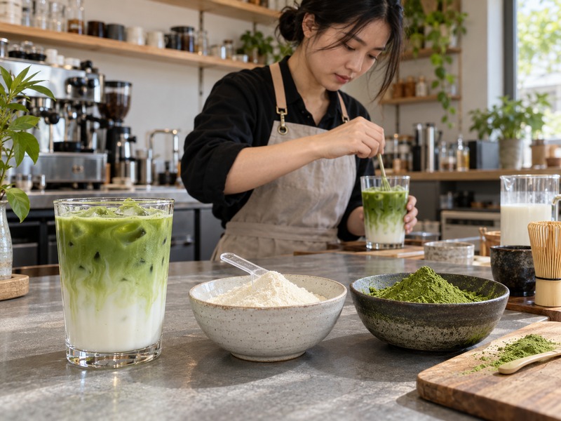 Matcha collagen latte pilot preparation with measured tea and collagen at a commercial café counter