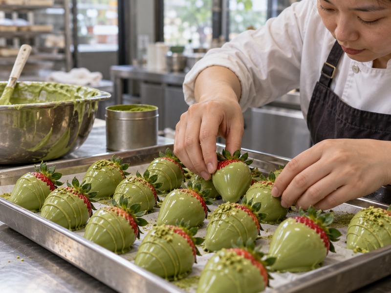 Worker dipping dry fruit for matcha covered strawberries in a commercial kitchen