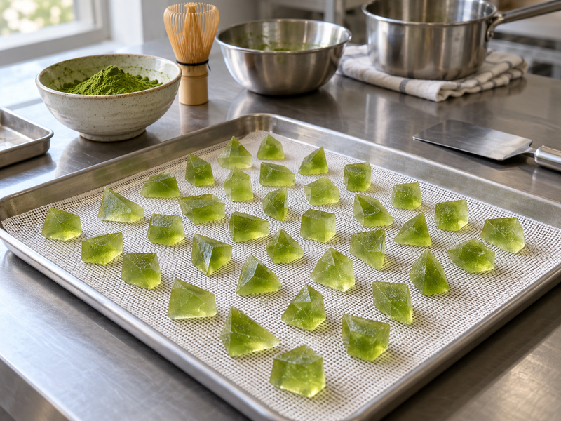 matcha crystal candy commercial development sample in a mainland China pilot kitchen