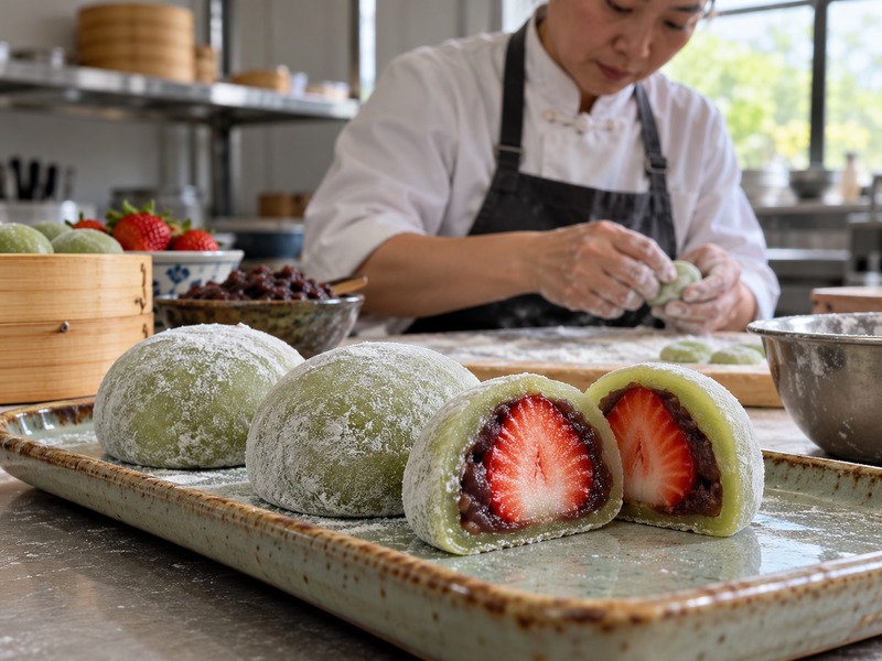 Matcha daifuku production with weighed green rice dough and filled pieces on a dessert line