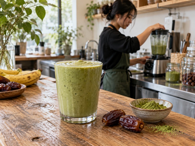 Matcha date smoothie prepared at a commercial café blending station with dates and measured matcha powder