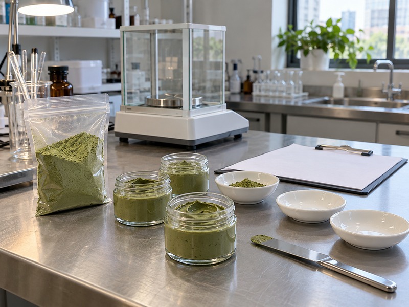 Green tea and clay mask prototypes on an unbranded Chinese R&D bench