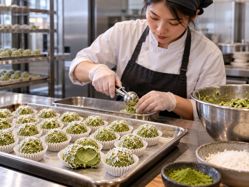 Food producer weighing matcha fat bombs during chilled snack production