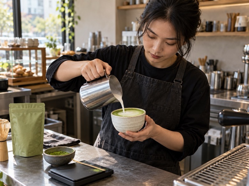 Chinese café barista pouring fine steamed milk into a small matcha flat white