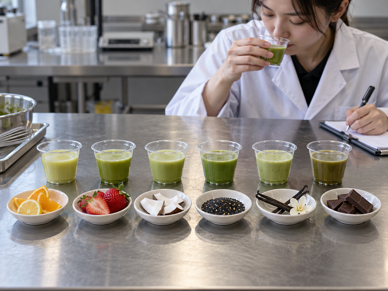 matcha flavor pairings commercial development sample in a mainland China pilot kitchen