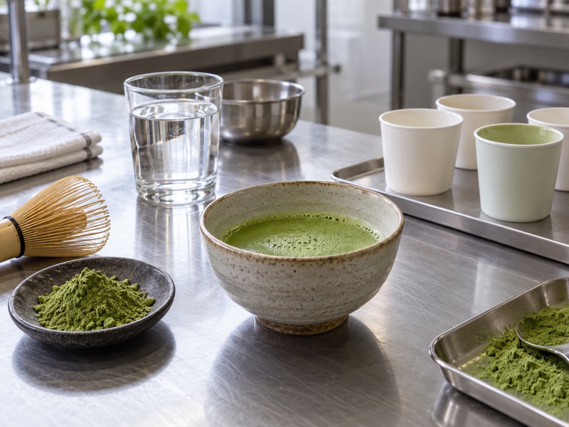 Matcha beverage samples and water in a product application kitchen