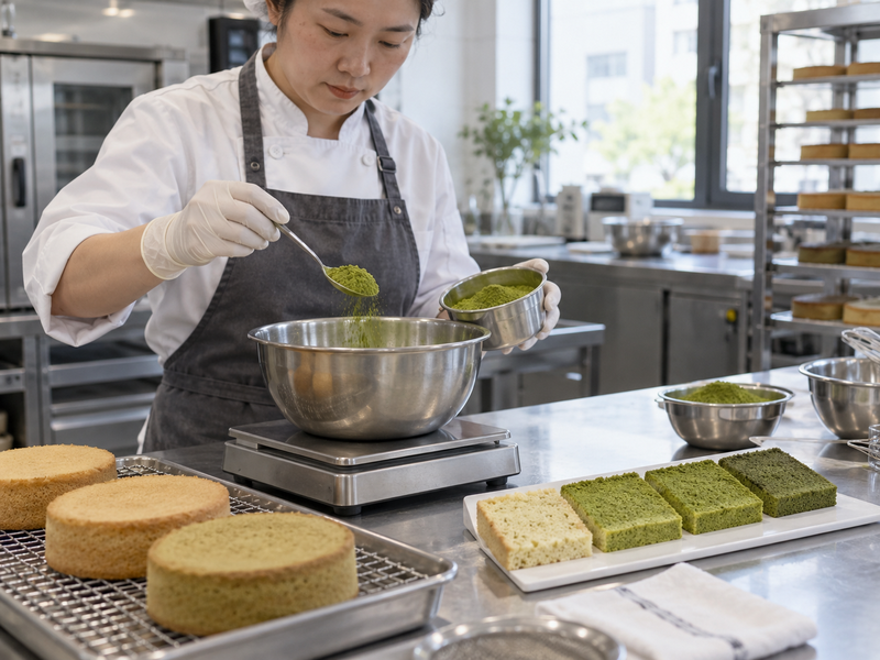 Matcha for bakeries being weighed into a mixing bowl beside test cakes in a professional bakery