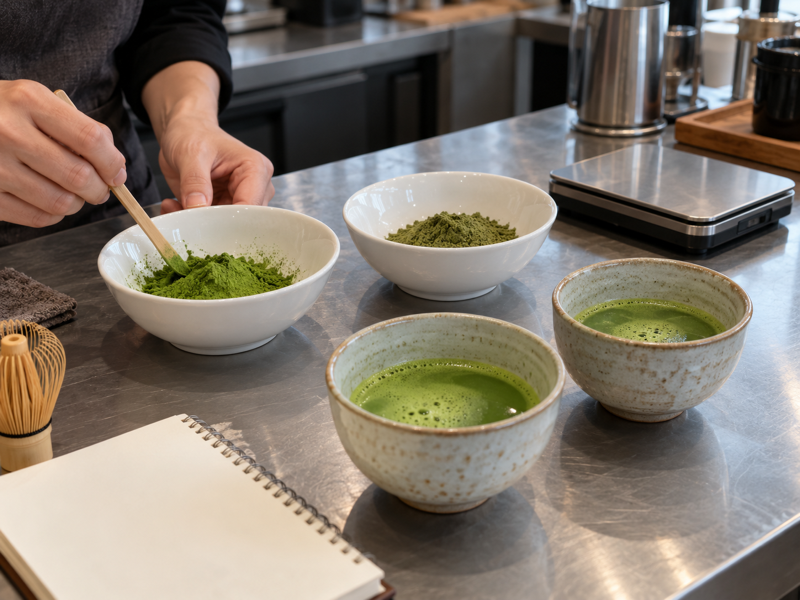 matcha samples evaluated on a mainland China café counter