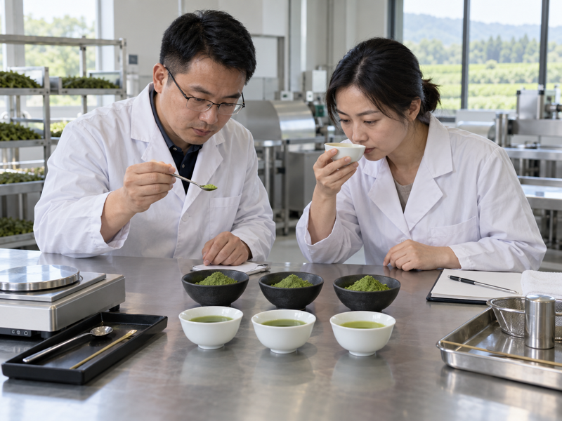 Quality staff compare matcha powder samples at a mainland China tea processing facility