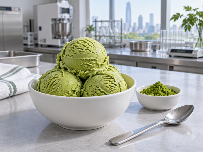 Three clear scoops of green matcha ice cream on a commercial product-development bench