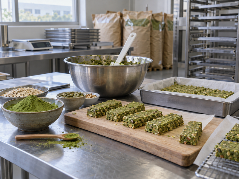 Green matcha protein bars and powder samples on a clean commercial snack development bench