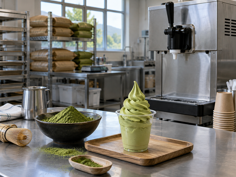 Green matcha soft serve in a plain cup beside a clean foodservice powder testing bench
