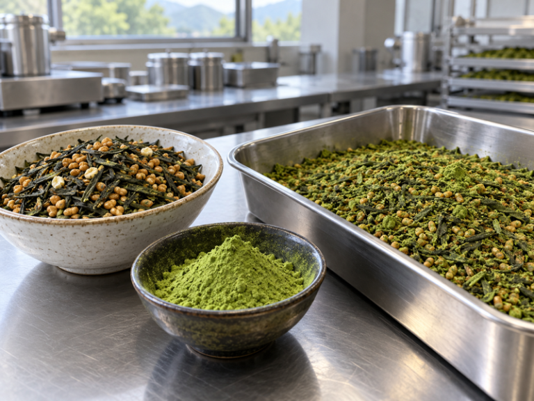 Matcha genmaicha ingredients with matcha powder and roasted rice at a tea factory