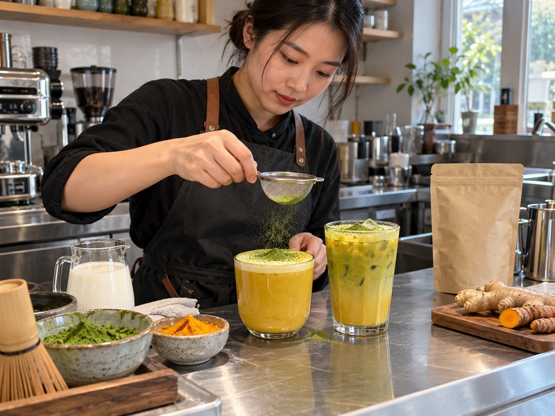 Barista measuring matcha and turmeric for matcha golden milk