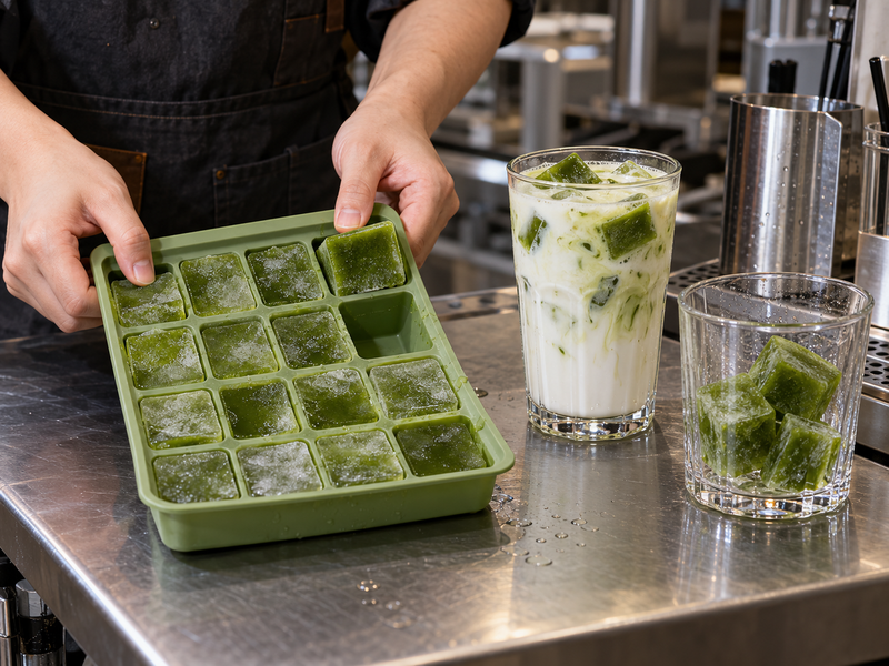 matcha ice cubes commercial development sample in a mainland China pilot kitchen