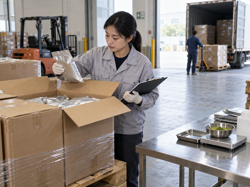 Matcha importer inspecting cartons and tea samples at a warehouse receiving area