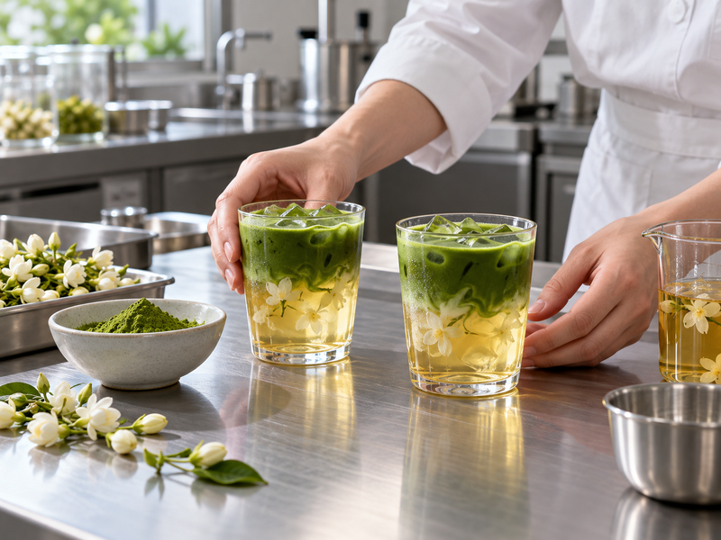 matcha jasmine tea commercial development sample in a mainland China pilot kitchen