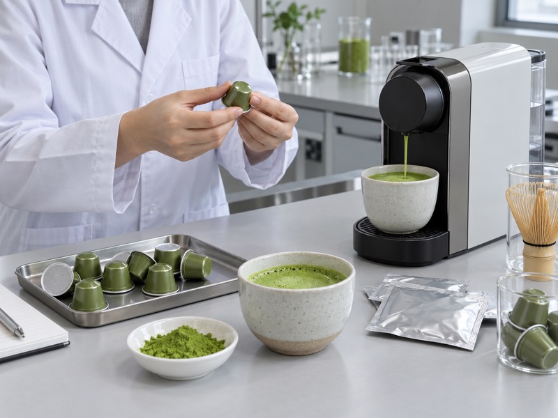 Single-serve capsule and matcha beverage trials on a food R&D bench