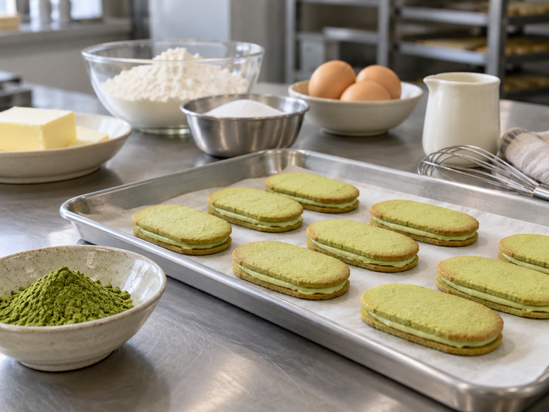 Thin matcha langue de chat sandwich cookies on a bakery development tray
