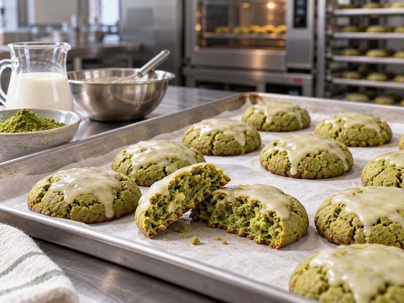 Baker checking matcha latte cookies made with tea and milk solids
