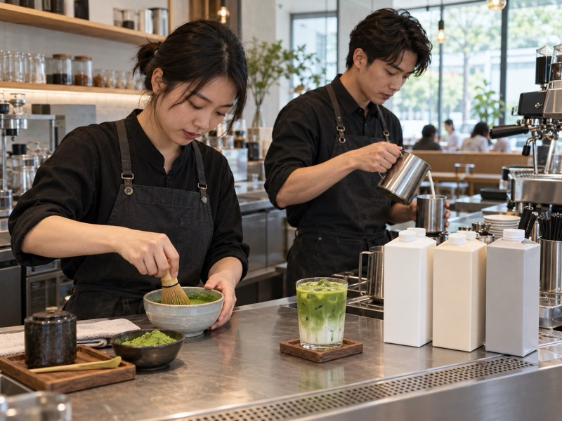 Chinese baristas preparing a matcha latte with plain plant milk cartons at a cafe bar