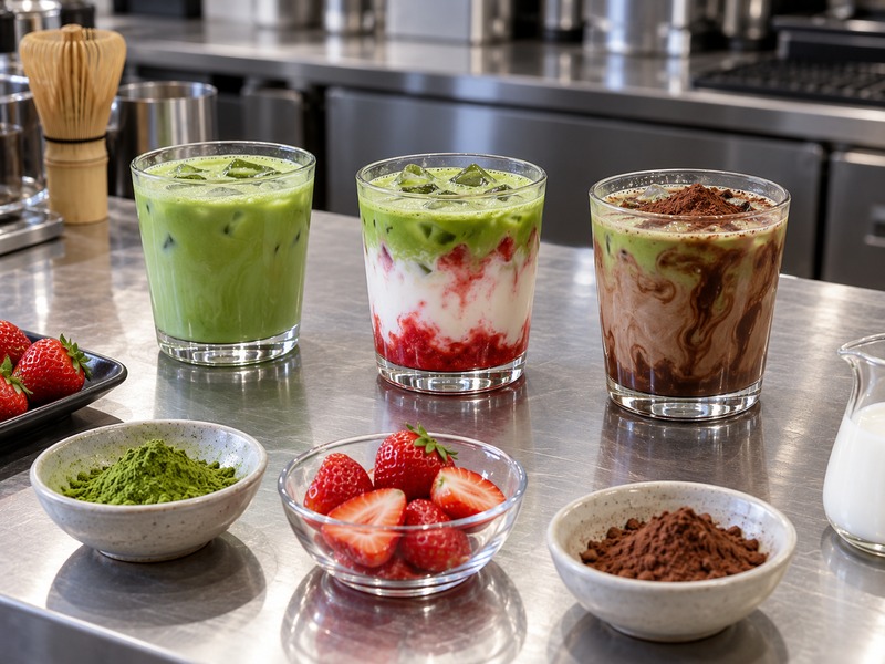 Four matcha latte flavors compared in a Chinese café test kitchen